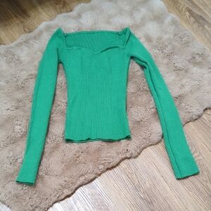Green Off-Shoulder Ribbed Sweater
